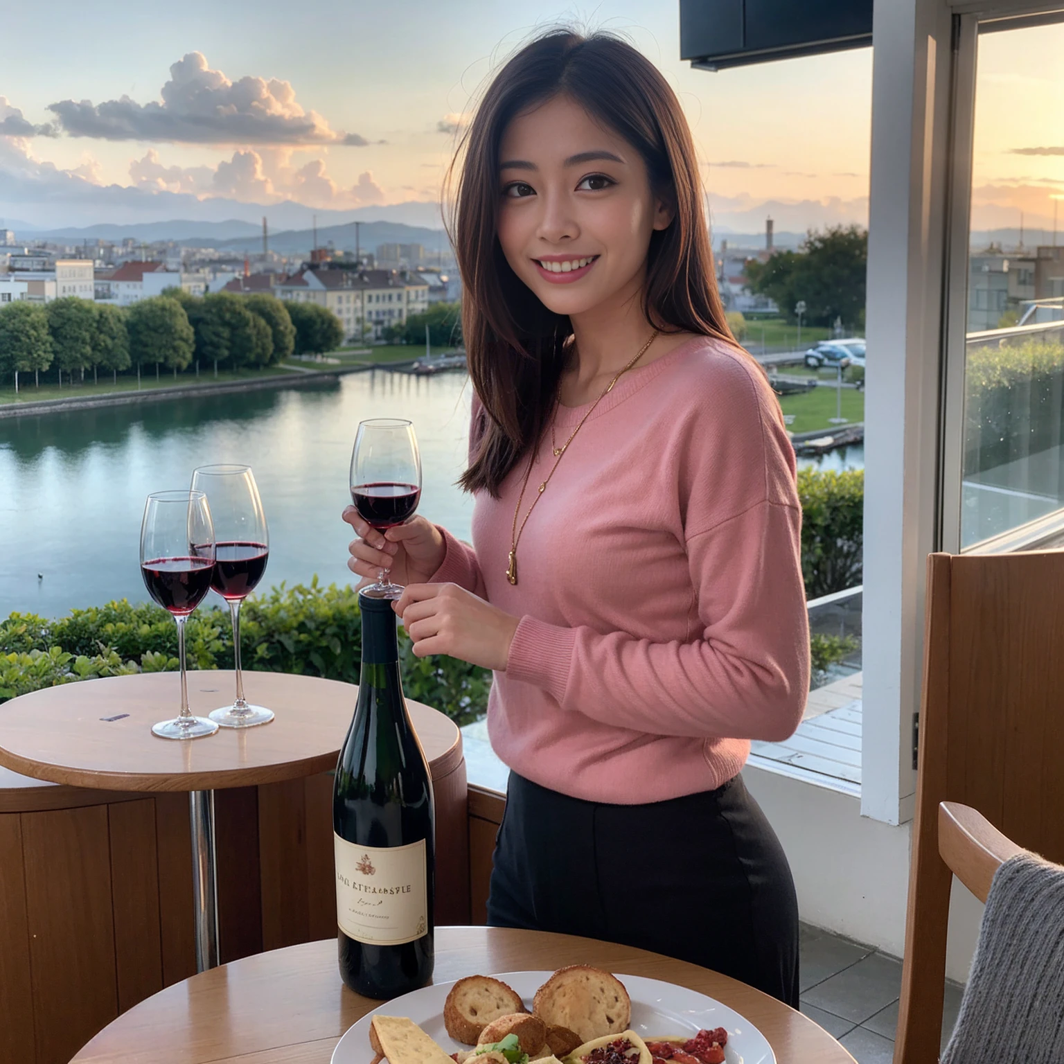 ((Highest quality、8K、masterpiece:1.3))、1 male 1 female、Satomi Ishihara、 years old、Slim Beauty、Pink Couple、smile、 (Slim face), (the body is スリム), (Brown Hair), (Shortcuts), テーブルのフルコースディナーとwine glass、Amazing view of the sunset sky and clouds、smileの美しさ、Wine bottle、sparkling wine、Long sleeve shirt、dress、White wine, red wine, wine glass,