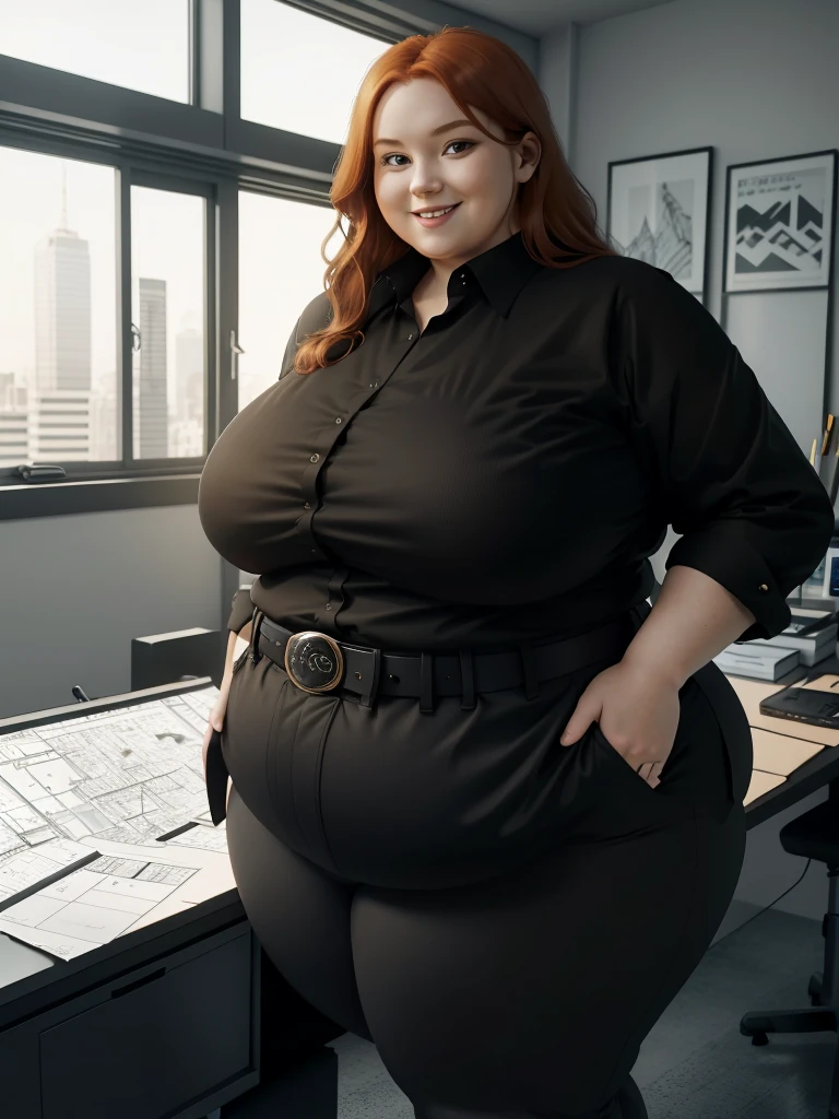 An happy and excited photo of a Beautiful ginger architect BBW, with long wavy light Brownish-ginger hair, with big soft fat belly, thicc fat arms, thicc wide legs, big breast, in black pants, long black shirt tucked in her pants, black belt and black blouse in her new modern architect office with building models and blueprints
