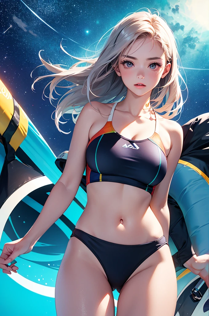 (masterpiece:1.5, Highest quality, Very detailed、 Dutch Angle、Realistic)(One Girl, alone)(Silver Hair:1.6,,Straight Long Hair)(Sports swimwear、Tube top、Rash guard:1.5)、((medium breasts, Beautiful cleavage,underboob))(from diagonally forward),(Beautiful starry sky、Mystical Night、Particles of light float around the woman、Fantastic space、Ocean)
