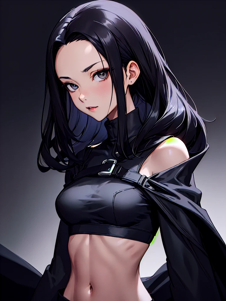 (masterpiece:1.2, best quality:1.2, beautiful, high quality, highres:1.1), detailed, extremely detailed 4K, perfect eyes, perfect face, close, close to viewer, black crop top, sleeveless shirt, calm expression, big beautiful eyes, perfect lighting, beautiful face, (1girl, solo, adult female, mature female), thin, lithe body, Maki Zenin, detailed eyes, beautiful eyes, perfect eyes, short green hair, circle shaped eyes, perfect shaped eyes, clear shot of eyes, scar on body, yellow eyes, (medium breasts), ((sensual seductive))