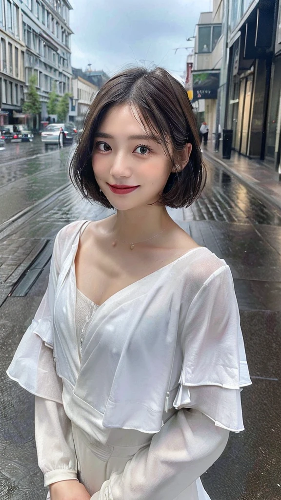 ((Highest quality, 8K, masterpiece:1.3)), concentrated: 1.2, Perfect Body Beauty: 1.4, Hips: 1.2, ((Layered Haircut, chest: 1.2)), (Wet clothes: 1.1), (rain, street:1.3), Bandeau dress: 1.1, Highly detailed face and skin texture, Beautiful Eyes, double eyelid, Whitening skin, Long Hair, (shut up: 1.3), smile