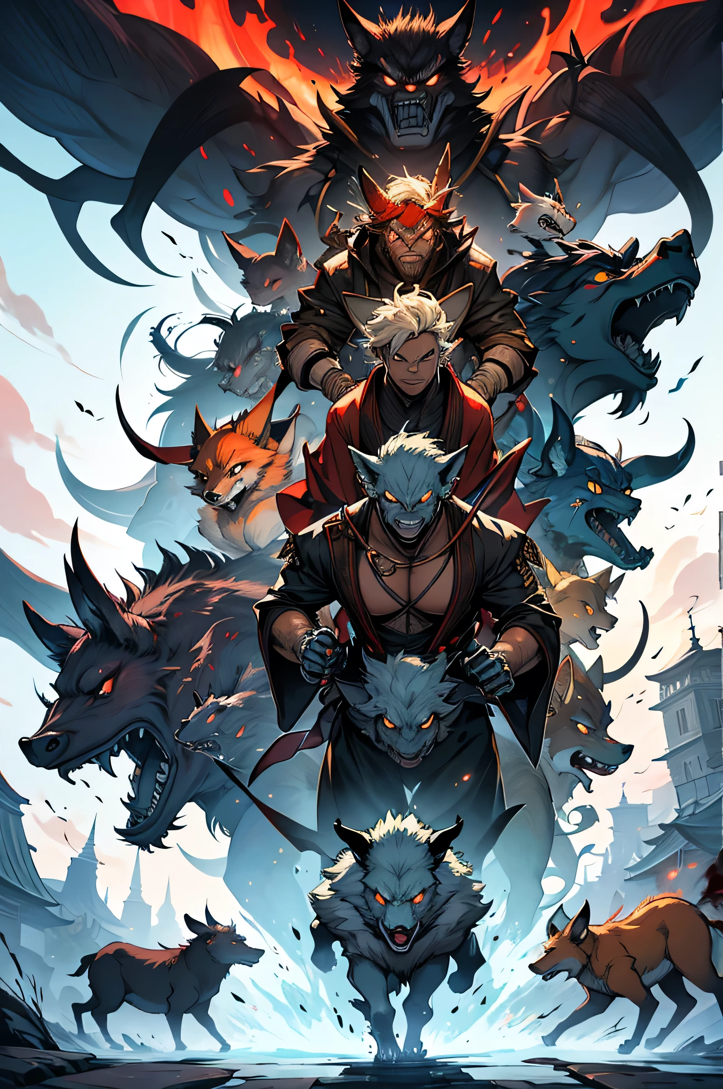 An image of various oriental-style monsters heading in all directions around the screen., ghost, wild boar, fox, Goblins, etc. appear, Monsters running out in all directions from the center point of the screen, Monsters of similar size