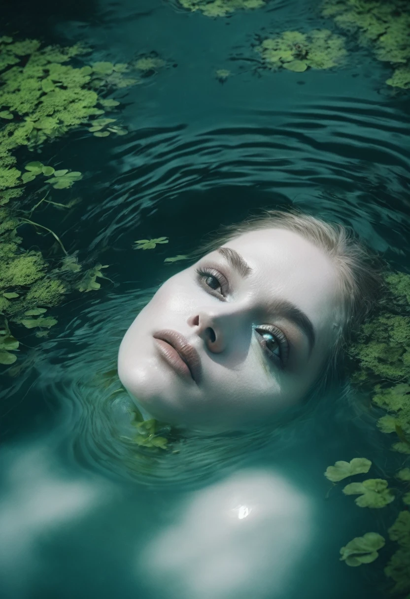 White face of woman half in water, intense stare, swamp, pale face, facefocus, only the face overlapping the water, from above view, creepy.