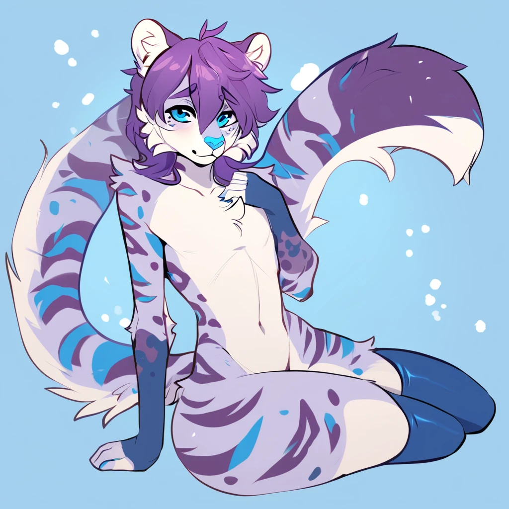 adult, feline, mammal, anthro, anthromorphic, snow, leopard, striped_feline, fur, furred_anthro, fluffy_tail. femboy, male, bangs, ear_tufts, blue_nose, blue_fingers, hair_tuft, hair_between_eyes, short_tail, fluffy, feline_ears, expressive_eyes, purple_hair, light looking_at_viewer, legs, legs_visible, thighs, blue_paws, blue_fur, shy, small_pupils, spotted_pattern, stripes, tail, tail_connected_to_body tiger_stripes, digital_art, high_resolution, high_res, tealblue_background fit, thigh_high, thigh_high_socks, blue_thigh_high_socks, light_blue_and_white_striped