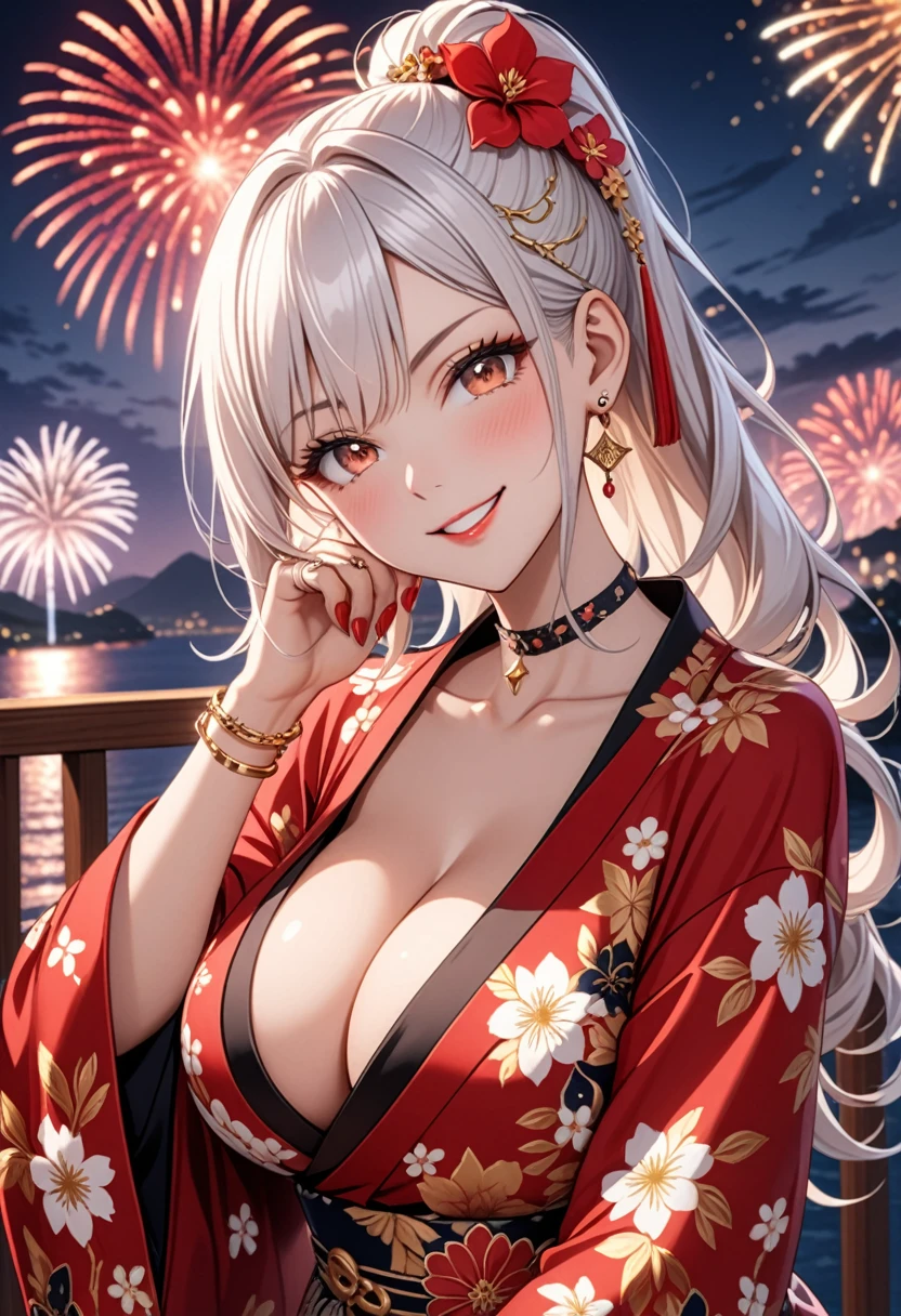 ((One personの女性)), Beautiful Face, (Laughing embarrassedly), (smirk:1.4), ((Wink:1.5)), (head tilt:1.3), Laugh with your mouth wide open, upper teeth, looking at viewer, (Doing sexy poses), ((Bright red cheeks:1.4)), Glossy Red Lips, (Big Breasts:1.4), cleavage, night,Terrace with sea view, firework, Glossy pink lips, Shining Face, ((Anime style background)),masterpiece, Highest quality, so beautiful,up to date, Complex details, (long nails of red color), (nail art), (ring),(bracelet),(Floral choker), (ring helix piercing:1.5), AI-generated, Complex,High resolution, Highest quality, super high quality,3D Images、3D Images,One person,Long white hair,High Ponytail, Anime woman posing for a photo, ((white eyes:1.5)), ((Fine grain、Silver Eyes、Shining Eyes:1.3)), (Squint your eyes:1.1),a hyperRealistic , hyperRealistic , Realistic,Anime woman with long white hair, Smooth anime CG art, (A woman in a colorful kimono with gold embroidery), ((Black long sleeve kimono:1.3)), Red floral pattern,Long flower hair ornament,Earrings,Mature Body,Tall,Abdominal muscles,Tight waist, ((face focus:1.8)), (front view:1.3),
