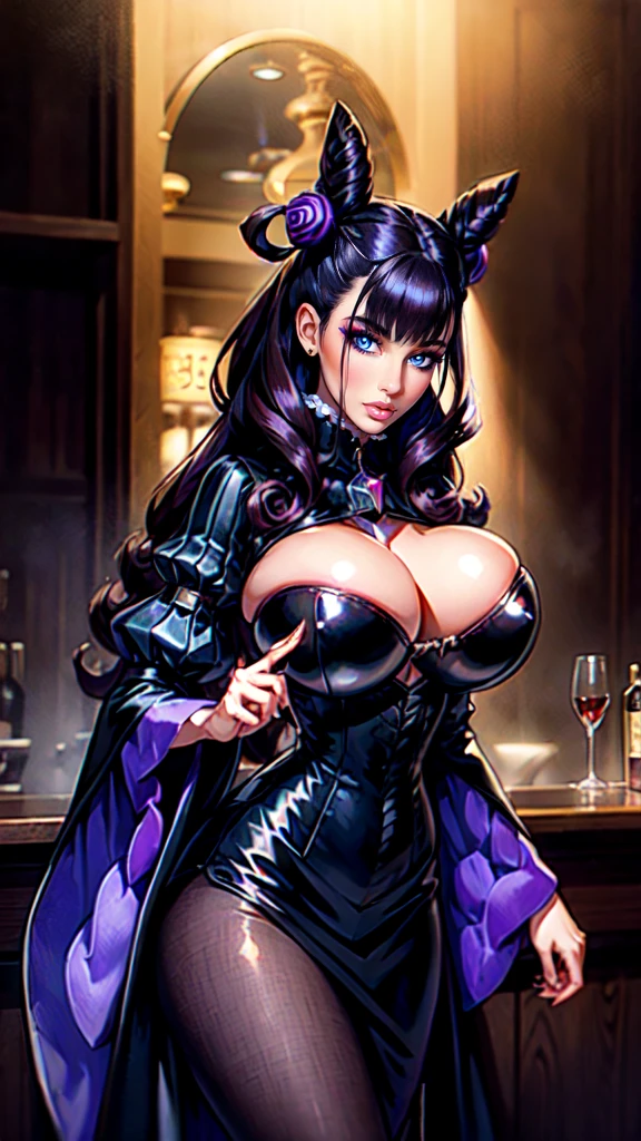 1girl,murasakishikibu, murasaki shikibu, brown hair, (purple eyes:1.1), long hair, big breast, BREAK black dress, dress,, frills, juliet sleeves, long sleeves, puff and slash sleeves, puffy sleeves, purple gemstone, sleeves past wrists, wide sleeves, cone hair bun, double bun, hair bun, hair ornament, long hair, two side up,BREAK (masterpiece:1.2),(beautiful detailed eyes:1.6), extremely detailed face, perfect lighting, extremely detailed CG, (perfect hands, perfect anatomy), standing in a Nightclub bar