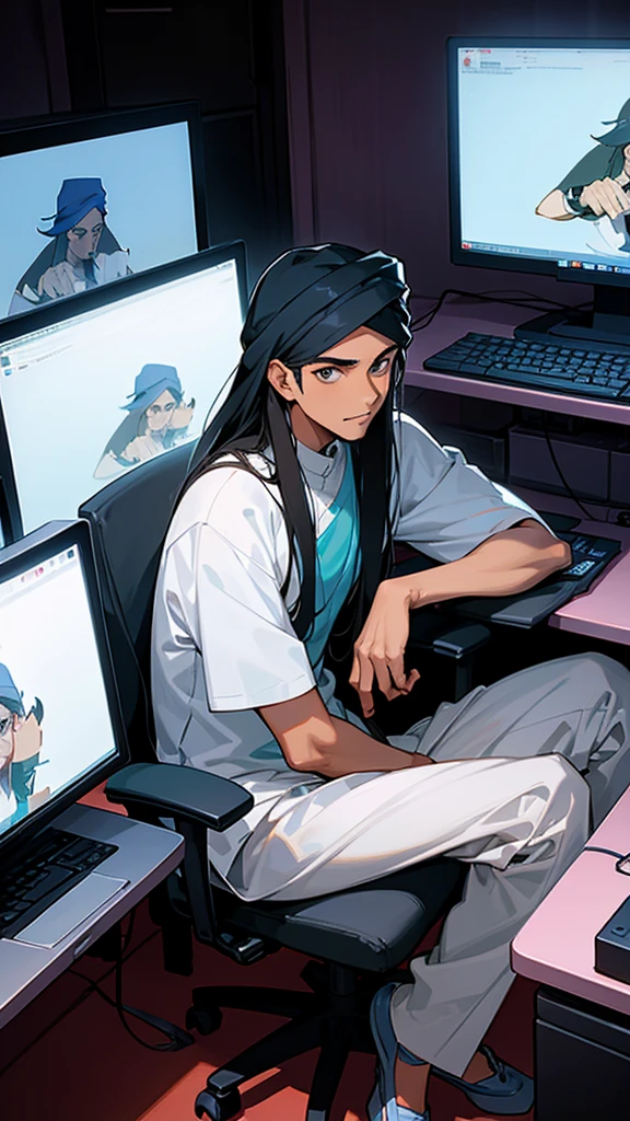 18 years older Indian Muslim
gentleman man wearing T-shirt cartoon anime image sitting on computer chair long hair