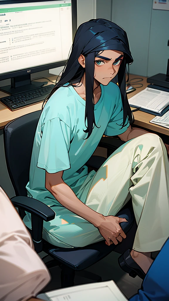 18 years older Indian Muslim
gentleman man wearing T-shirt cartoon anime image sitting on computer chair long hair