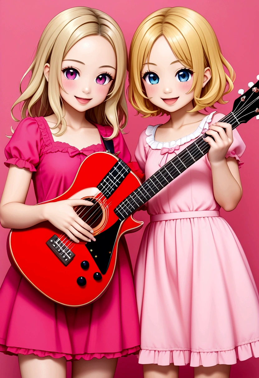 One 、3 year old、guitar、Pink Dress、Cute blonde、infant、Kids Room、toy、stuffed toy、Pink Background、教育、Anime for children、