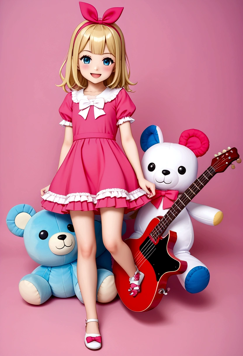 One 、3 year old、guitar、Pink Dress、Cute blonde、infant、Kids Room、toy、stuffed toy、Pink Background、教育、Anime for children、