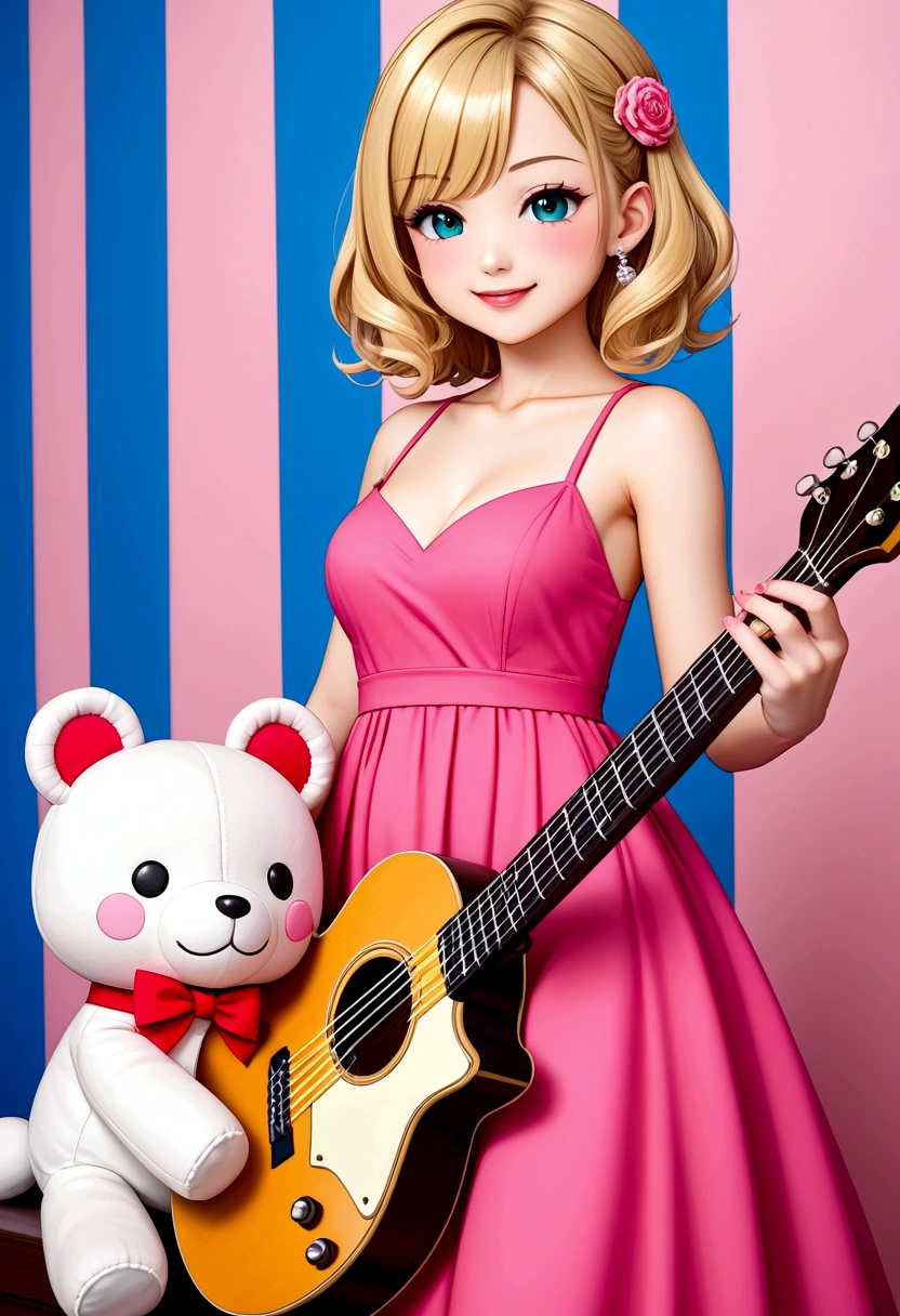 One 、3 year old、guitar、Pink Dress、Cute blonde、infant、Kids Room、toy、stuffed toy、Pink Background、教育、Anime for children、