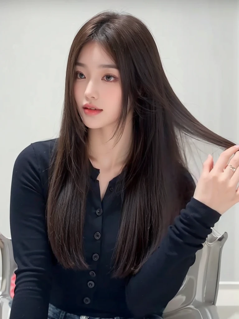 Middle-parted bangs and long straight hair,Natural and beautiful hair,The background is simple, clean and high-end