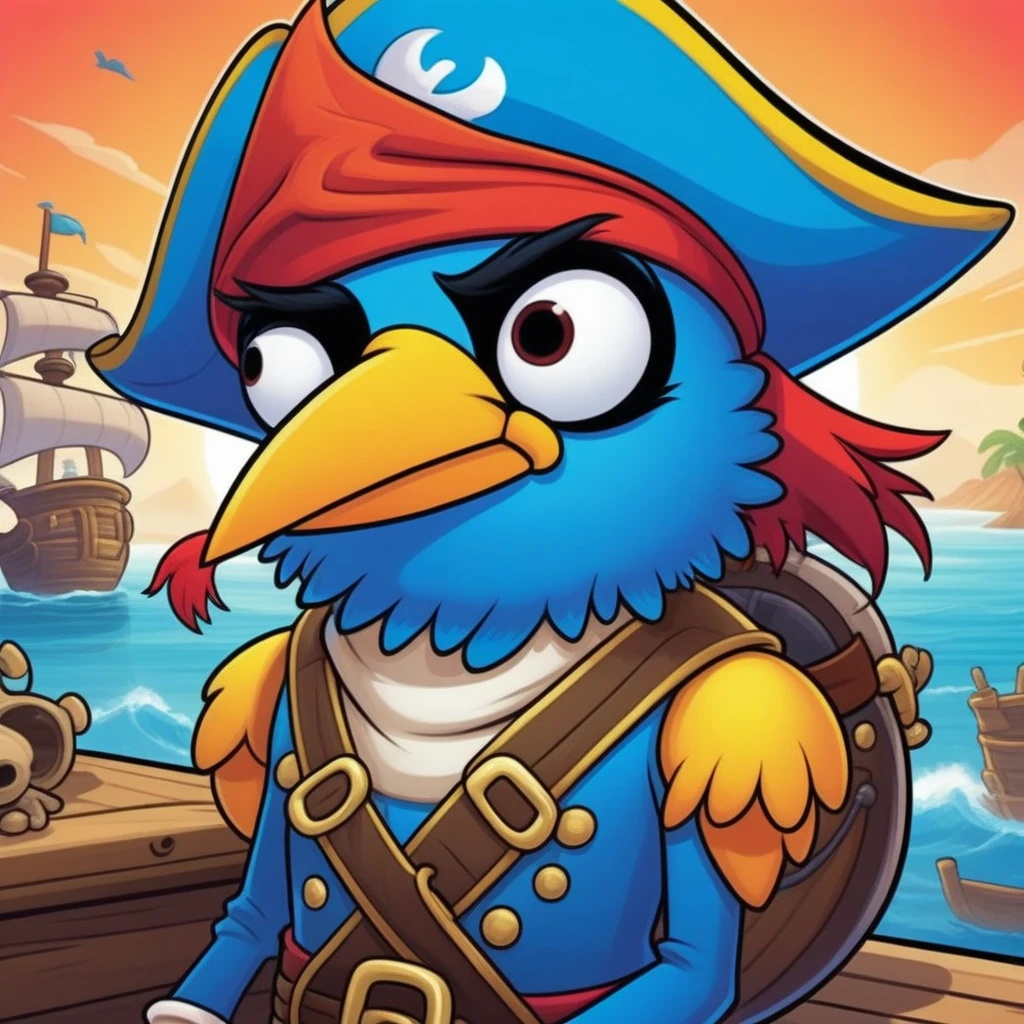 A Naked Female Greninja with Thick thighs, Big Butt, Pussy, big breasts and nipples, smile, open mouth, bravery, she is holding a dagger, pirate hat, on a wooden pirate ship, middle of sea, clean sky, islands far away