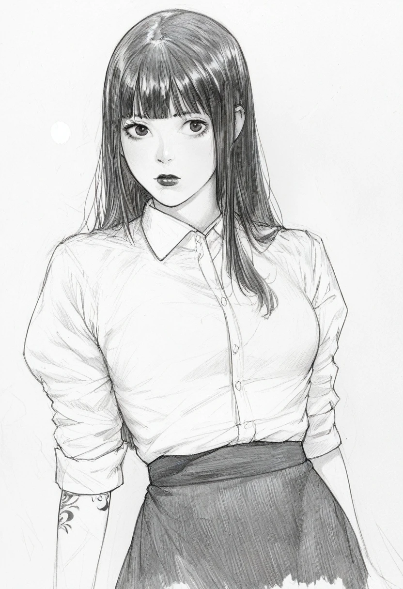 score_9, score_8_up, score_7_up, score_6_up, score_5_up, score_4_up, BREAKsketch, shinji_chibana_artstyle, traditional pencil style, pencil drawing, monochrome, detailed background, detailed background, Asian, white shirt, black skirt, rolled up sleeves, sunny, lovely, hime cut hair, curious face, black lips, black eyes, tattoos
