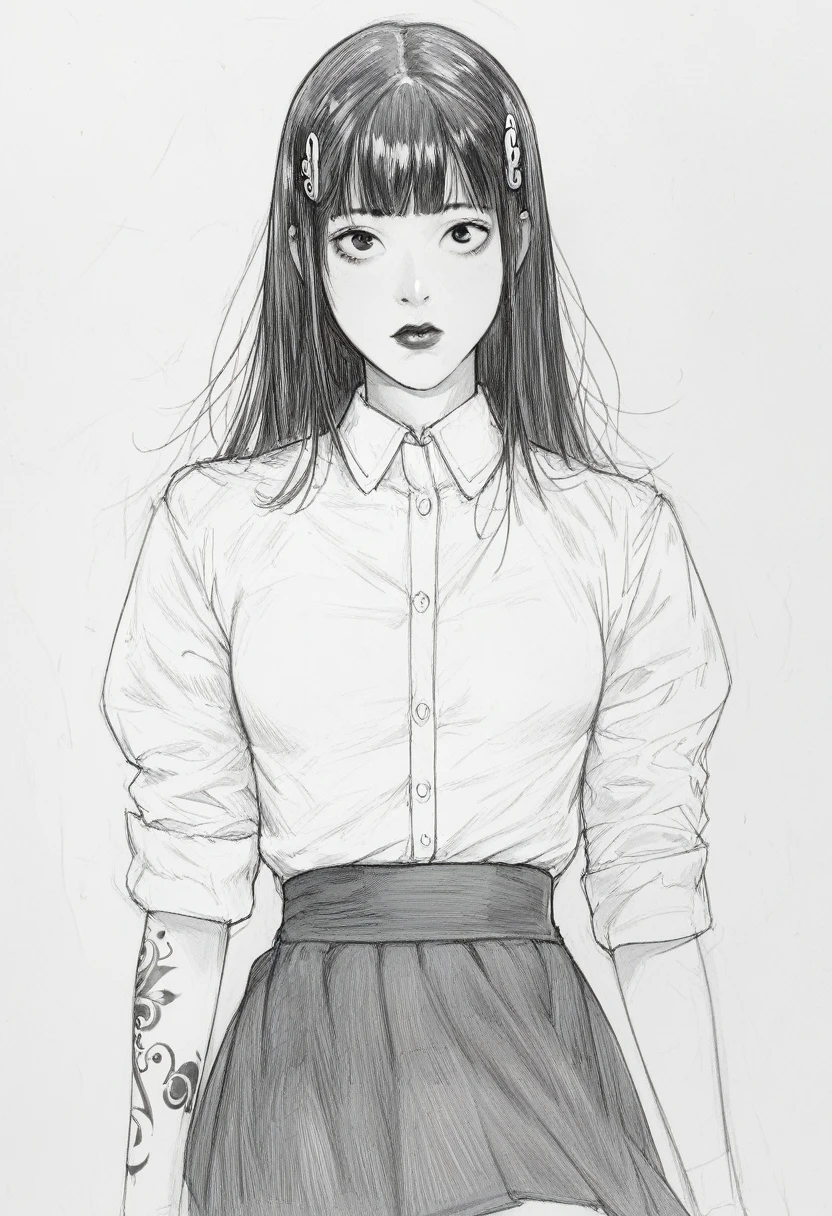 score_9, score_8_up, score_7_up, score_6_up, score_5_up, score_4_up, BREAKsketch, shinji_chibana_artstyle, traditional pencil style, pencil drawing, monochrome, detailed background, detailed background, Asian, white shirt, black skirt, rolled up sleeves, sunny, lovely, hime cut hair, curious face, black lips, black eyes, tattoos
