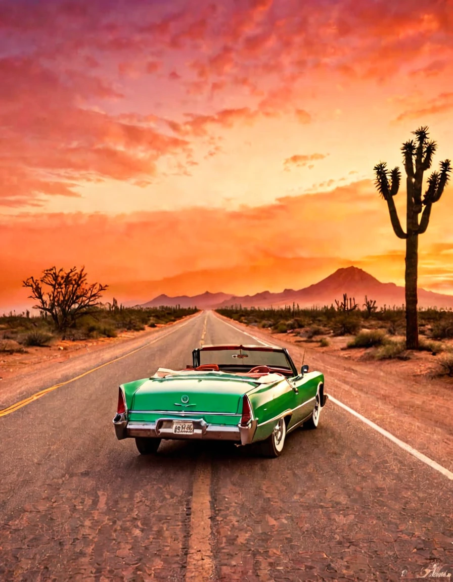 In the desert,A road winding into the distance,Summer,very hot,Summer炎炎,Orange desert red sky,A green vintage convertible is parked in the middle of the road