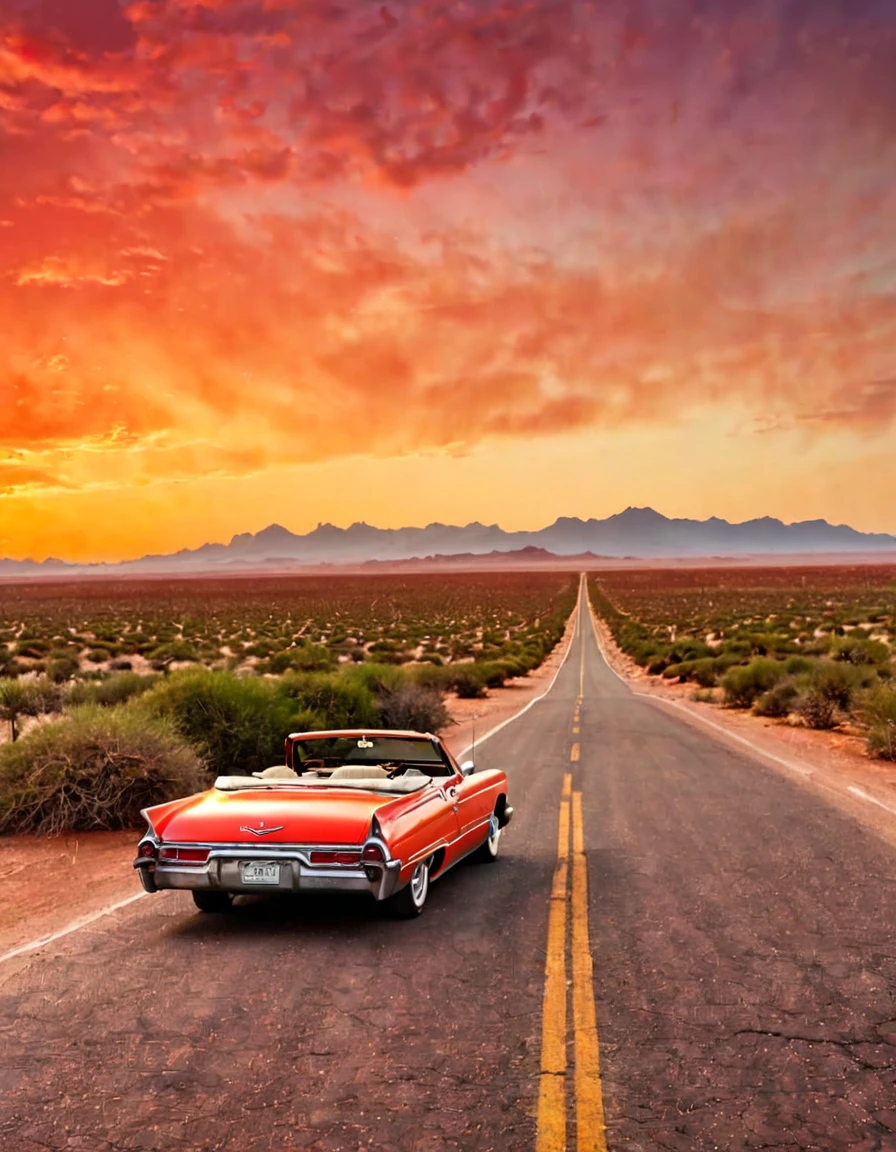In the desert,A road winding into the distance,Summer,very hot,Summer炎炎,Orange desert red sky,A green vintage convertible is parked in the middle of the road
