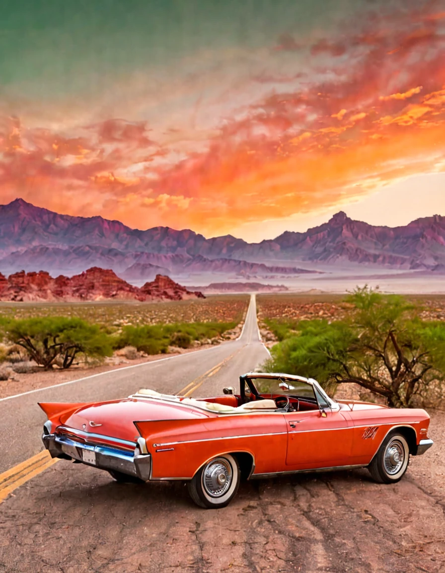 In the desert,A road winding into the distance,Summer,very hot,Summer炎炎,Orange desert red sky,A green vintage convertible is parked in the middle of the road