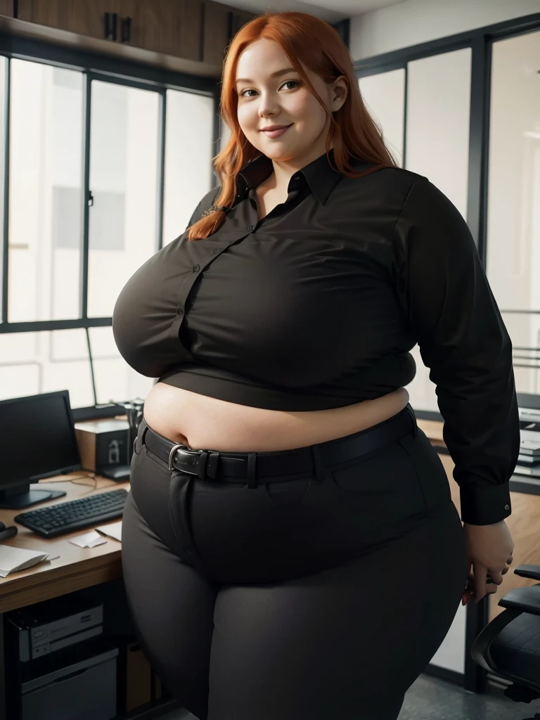 An happy and excited photo of a Beautiful ginger architect BBW, with long wavy light Brownish-ginger hair, with big soft fat belly, thicc fat arms, thicc wide legs, big breast, in black pants, long black shirt tucked in her pants, black belt and black blouse in her new modern architect office with a lot of building models and house blueprints