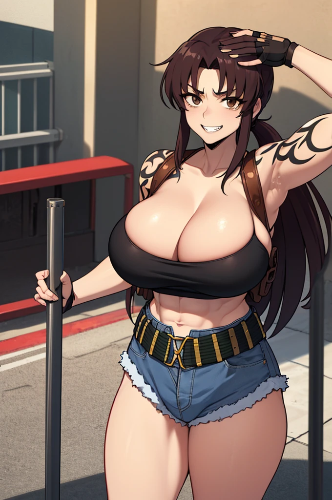 (masterpiece、highest quality:1.2)、solo、anime woman、revue、grin and laugh、looking at the viewer、Are standing、long brown hair、brown eyes、ponytail、V-shaped eyebrow hair、white sports bra、collarbone、fingerless gloves、denim shorts、belt、holster、strong muscles、big enormous massive gigantic breasts、woman with very large enormous massive gigantic big large fat absurde breasts、cleavage、muscular and strong、Tattoo on the right shoulder、tall woman、toned body、muscular woman、Sidewalks in the city、sunset、chubby