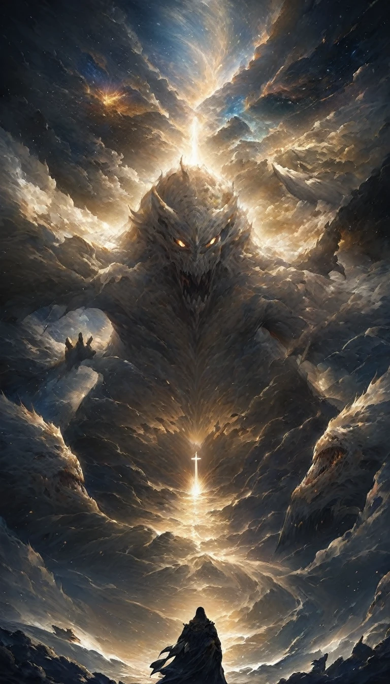 Highest quality、masterpiece、Surreal Posters、chaos、chaos、宇宙大war、Space Monsters、Humanity facing monsters、war、優しいwar、like＆piece、darkness、Light of hope、