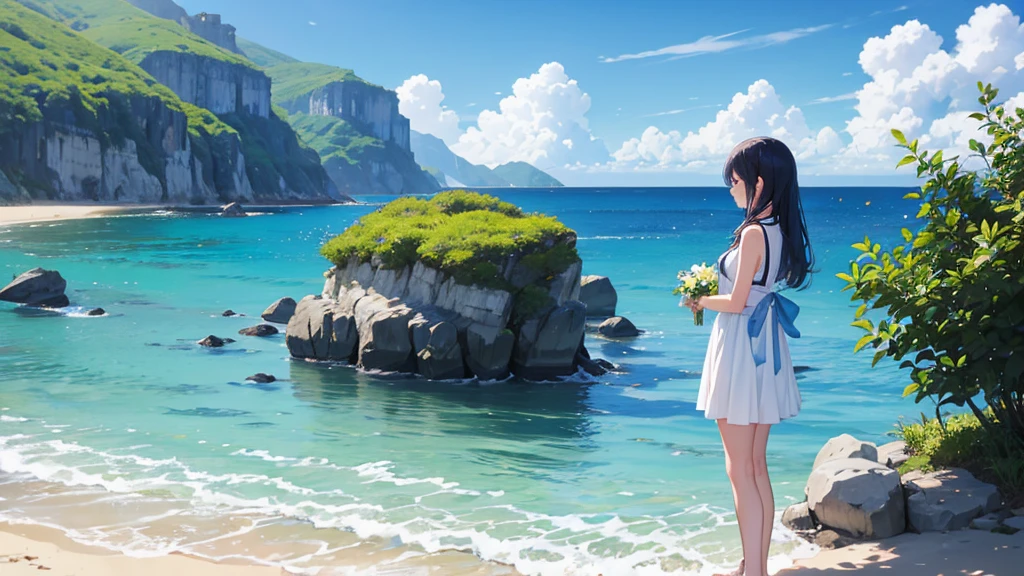 In the beautiful scenery of blue sky and sea、白いドレスを着たgirlが立っている。She stands quietly on the beach、I'While stroking my hair, Blowing in the Wind。girl'The expression is calm.、Smile。Her white dress gives a neat and elegant impression..、It depicts fluttering in the wind。The blue sky is beautiful、The ocean waves are rolling quietly、In the distance, I can see the horizon。The background is the coast and sandy beach、Seabirds and shells are sometimes depicted..、Expressing the calm atmosphere of the sea。girl and the background are in harmony、Create illustrations that evoke a sense of quiet happiness.。