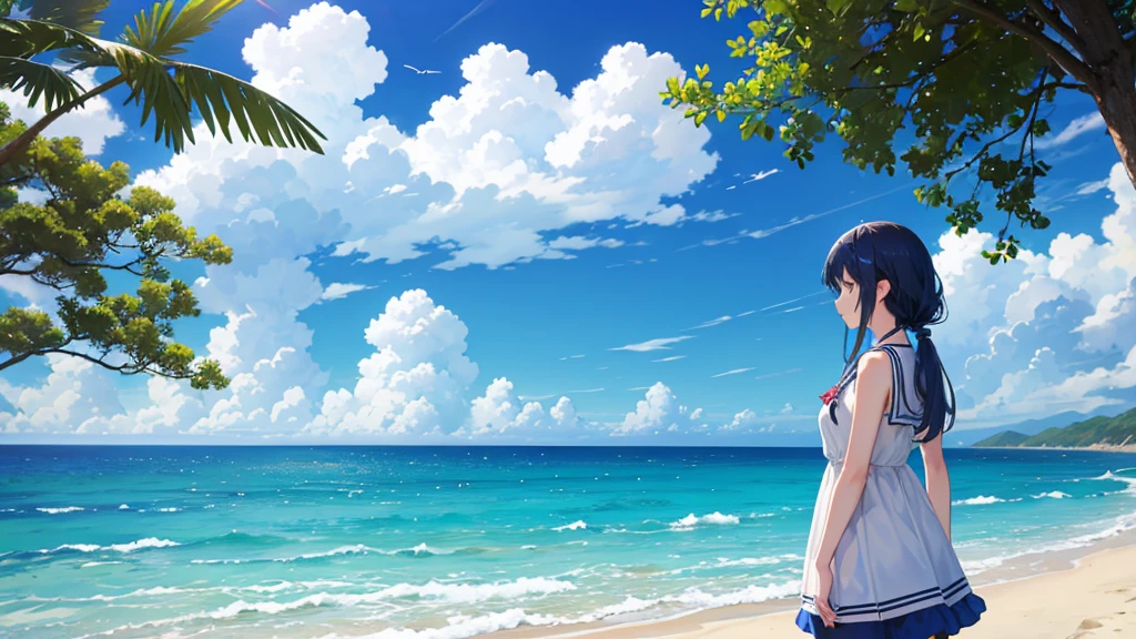 Blue sky with white clouds Seaside Back view of a woman in casual clothes An illustration