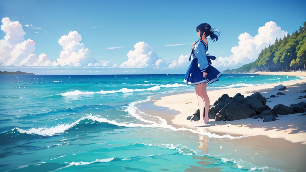 In the beautiful scenery of blue sky and sea、白いドレスを着たgirlが立っている。She stands quietly on the beach、I'While stroking my hair, Blowing in the Wind。girl'The expression is calm.、Smile。Her white dress gives a neat and elegant impression..、It depicts fluttering in the wind。The blue sky is beautiful、The ocean waves are rolling quietly、In the distance, I can see the horizon。The background is the coast and sandy beach、Seabirds and shells are sometimes depicted..、Expressing the calm atmosphere of the sea。girl and the background are in harmony、Create illustrations that evoke a sense of quiet happiness.。