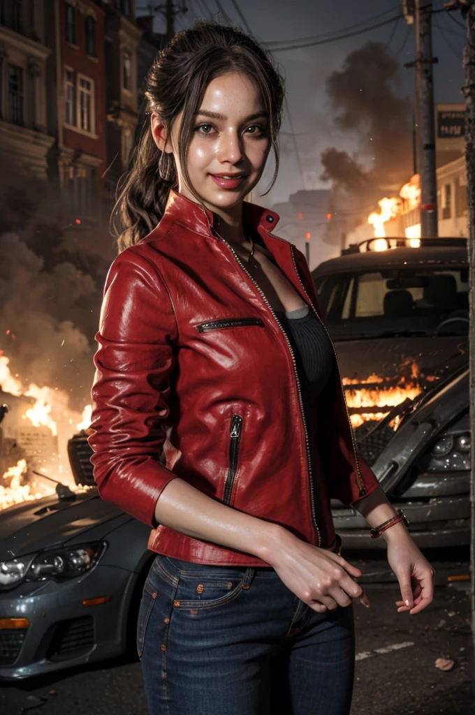 1girl, (realistic),(hyperrealism),(best quality),(masterpiece),(ultra high res),(photorealistic),idol,eye makeup,detailed eyes,detailed face,black dress, claireredfield2, brown hair, (red jacket:1.2), ponytail, (denim pants:1.3),, red wristband,, abandoned street, burning cars in background, littered street, smoke, chaos, zombie apocalypse, daytime, sunny,, flirting, looking at viewer, smiling, closeup shot