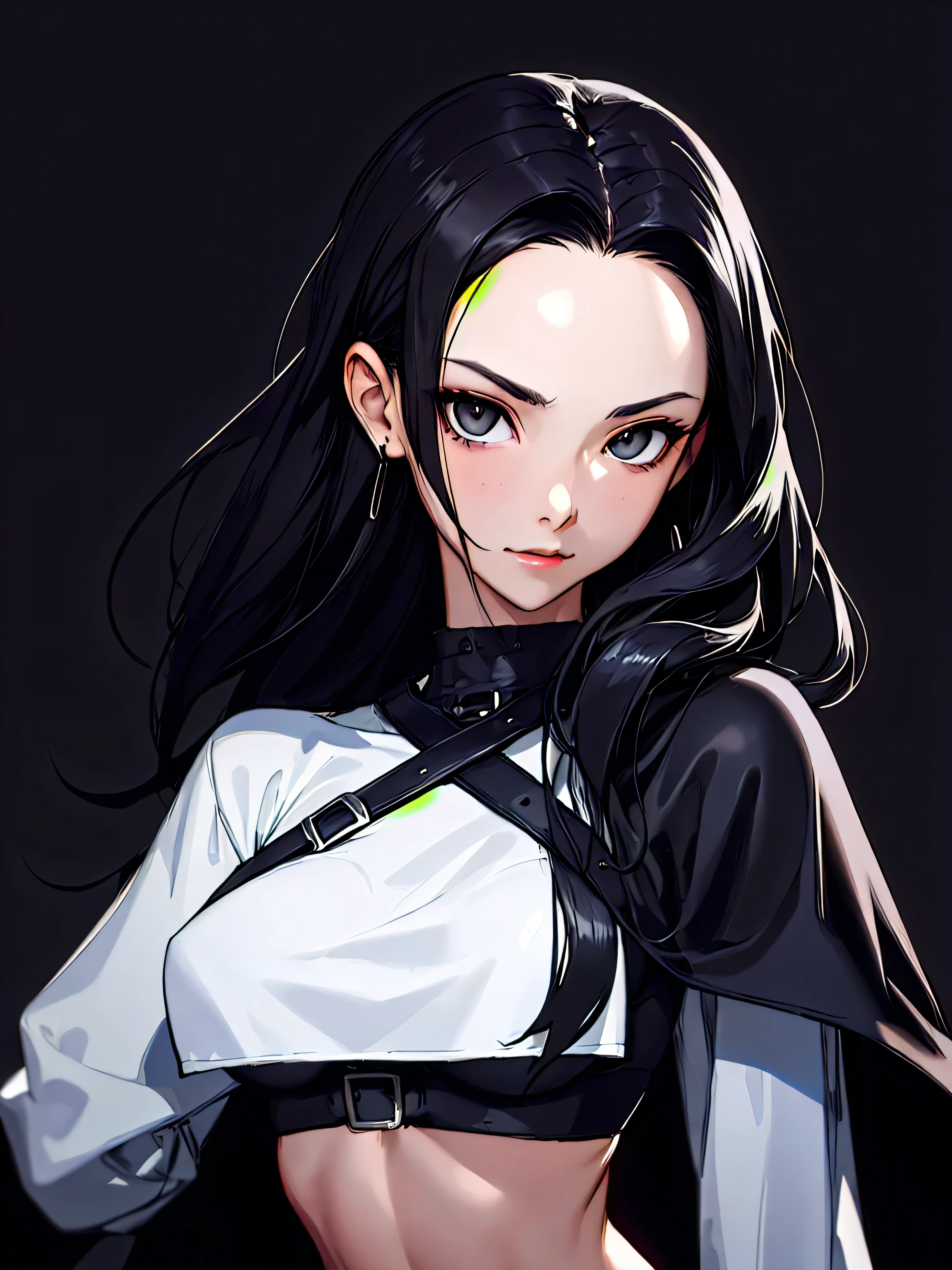 ((Portrait)), She has a Youthful and Slender Appearance, with a Very Flat Chest, an Expressionless Face and Dark Gray Eyes. Her Hair is Jet Black, Long, and Straight, with Bare Forehead. She Wears a Long-sleeved Black Underbust Crop Top, Revealing Her Midriff, with a Long Black Cape and Straps Around Her Bust, Portrait, HDR, ((Dark Background))
