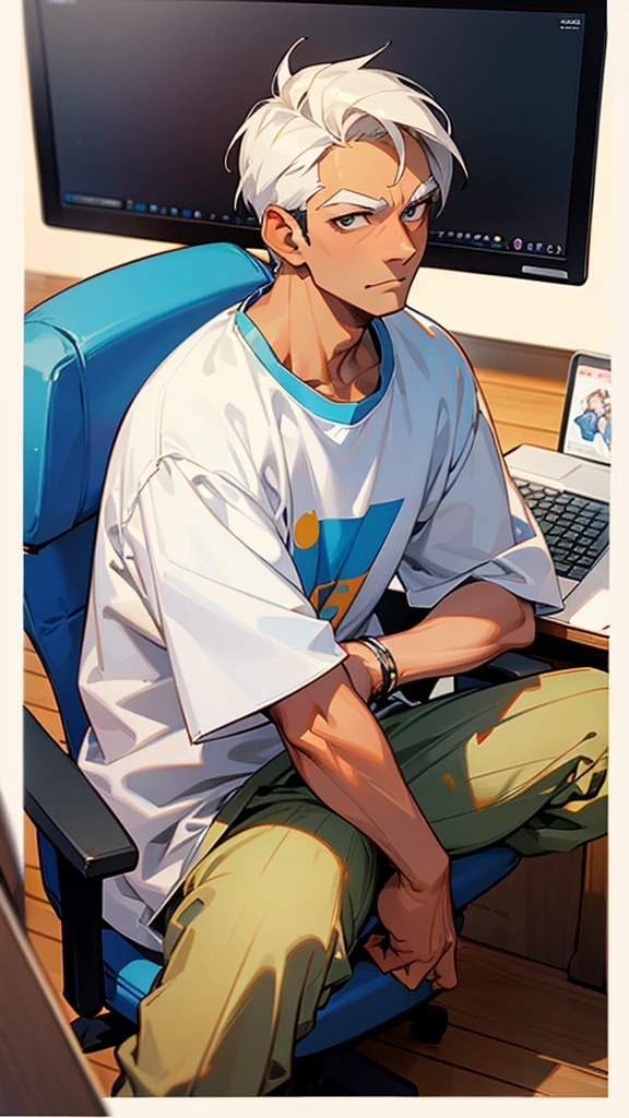 18 years older Indian
gentleman man wearing T-shirt cartoon anime image sitting on computer chair