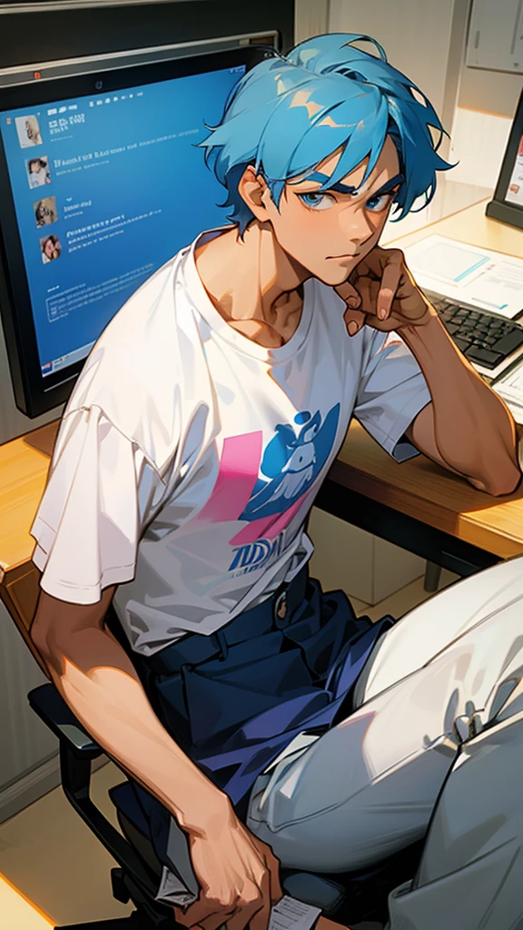  18 years older Indian 
gentleman man wearing T-shirt  cartoon anime image sitting on computer chair 
