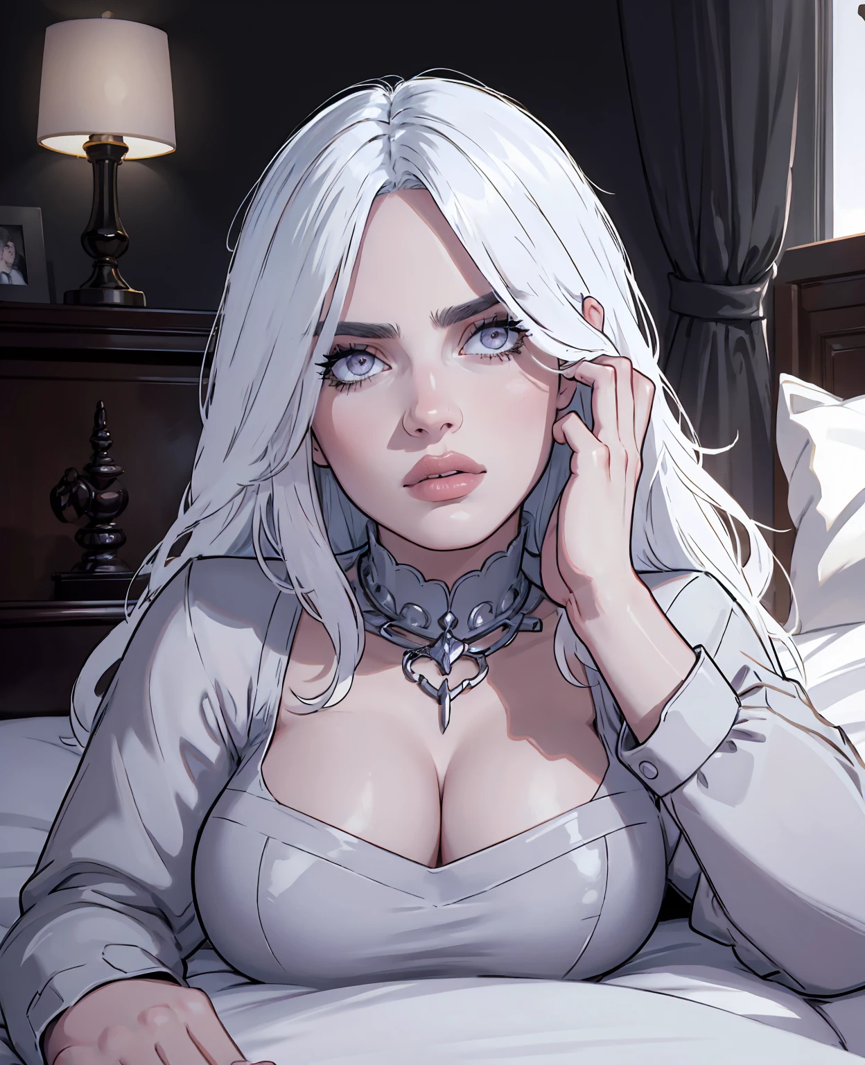 masterpiece, highest quality, 1 woman, mom, tall, white hair, red eyes, mature, gorgeous, solo, long hair, cleavage, groin, long legs, wet with water, silk dressing gown, bed, bedroom background, rigorous body structure, good-looking fingers, lying down, o