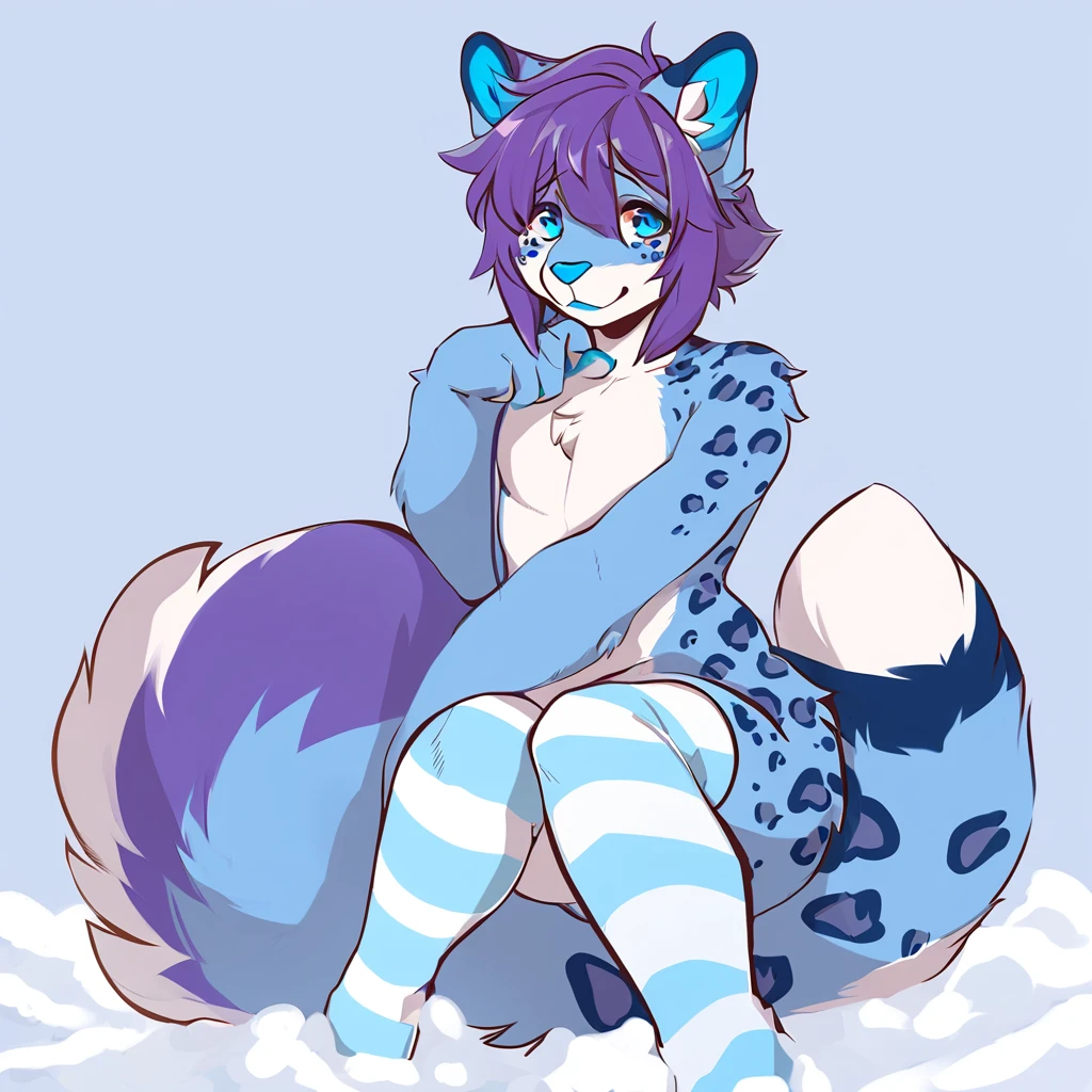 adult, feline, mammal, anthro, anthromorphic, snow, leopard, striped_feline, fur, furred_anthro, fluffy_tail. femboy, male, bangs, ear_tufts, blue_nose, blue_fingers, hair_tuft, hair_between_eyes, short_tail, fluffy, feline_ears, expressive_eyes, purple_hair, light looking_at_viewer, legs, legs_visible, thighs, blue_paws, blue_fur, shy, small_pupils, spotted_pattern, stripes, tail, tail_connected_to_body tiger_stripes, digital_art, high_resolution, high_res, tealblue_background fit, thigh_high, thigh_high_socks, blue_thigh_high_socks, light_blue_and_white_striped