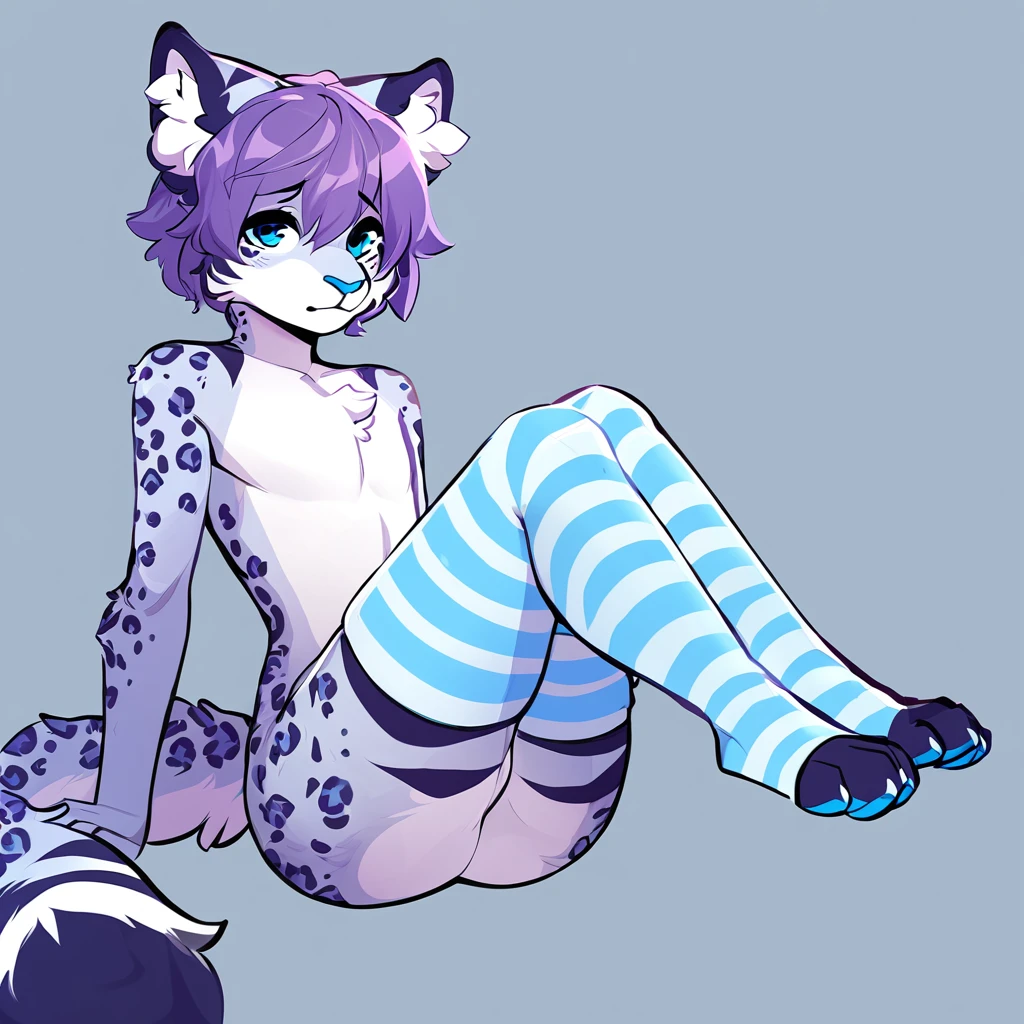 adult, feline, mammal, anthro, anthromorphic, snow, leopard, striped_feline, fur, furred_anthro, fluffy_tail. femboy, male, bangs, ear_tufts, blue_nose, blue_fingers, hair_tuft, hair_between_eyes, short_tail, fluffy, feline_ears, expressive_eyes, purple_hair, light looking_at_viewer, legs, legs_visible, thighs, blue_paws, blue_fur, shy, small_pupils, spotted_pattern, stripes, tail, tail_connected_to_body tiger_stripes, digital_art, high_resolution, high_res, tealblue_background fit, thigh_high, thigh_high_socks, blue_thigh_high_socks, light_blue_and_white_striped