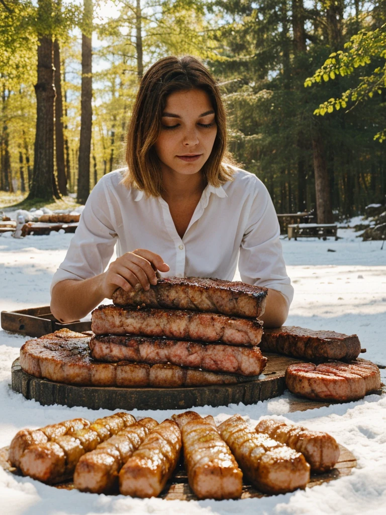 a beautiful woman wearing a white shirt, outdoor cooking meats, camping, bbq, forest, on snow seasons, next to river, photorealistic, 8k, highly detailed, serene, peaceful, warm lighting, natural colors, soft shadows, depth of field, cinematic composition