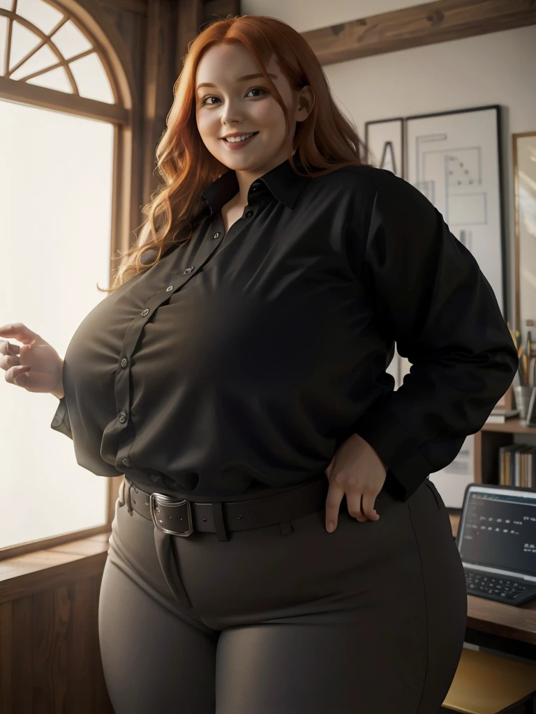An happy and excited photo of a Beautiful ginger architect BBW, with long wavy light Brownish-ginger hair, with big soft fat belly, thicc fat arms, thicc wide legs, big breast, in black pants, long black shirt tucked in her pants, black belt and black blouse in her new modern architect office with a lot of building models and house blueprints