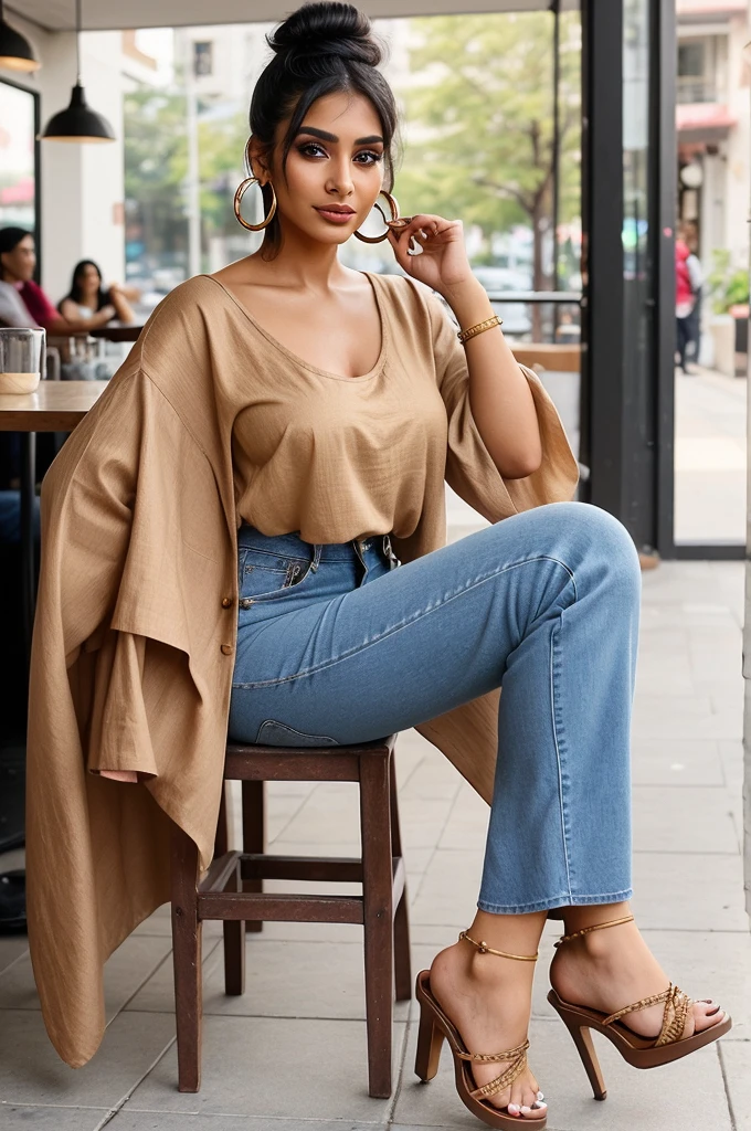 Create an ultra-realistic image of a modern, attractive female influencer of Indian descent, aged between 27 to 30. She should have a warm and inviting smile, expressive almond-shaped eyes with a slight shimmer, and clear, glowing skin with a medium brown complexion. Her features should be well-defined, with high cheekbones and a sharp jawline. Her hair should be long, thick, and wavy, with a natural shine and bounce, styled in a messy bun with a few strands framing her face. The hair should be dark brown with subtle golden highlights. She should have a slender yet athletic build, reflecting a healthy and active lifestyle, with a medium bust size (34-36 inches) that is balanced and proportionate. She is wearing a trendy kurta with jeans and a pair of juttis that complement her curves. Her outfit is completed with stylish black heeled sandals that add elegance to her look. She accessorizes with subtle yet chic jewelry, such as small hoop earrings and a few thin bangles. Her eyes should be bright light blue, creating a striking contrast. The background should be vibrant, featuring trendy coffee shops or cafes, suggesting a cosmopolitan lifestyle. Her overall appearance should exude confidence, approachability, and sophistication, capturing the essence of a contemporary Indian fashion influencer.