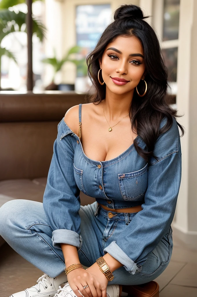 Create an ultra-realistic image of a modern, attractive female influencer of Indian descent, aged between 27 to 30. She should have a warm and inviting smile, expressive almond-shaped eyes with a slight shimmer, and clear, glowing skin with a medium brown complexion. Her features should be well-defined, with high cheekbones and a sharp jawline. Her hair should be long, thick, and wavy, with a natural shine and bounce, styled in a messy bun with a few strands framing her face. The hair should be dark brown with subtle golden highlights. She should have a slender yet athletic build, reflecting a healthy and active lifestyle, with a medium bust size (34-36 inches) that is balanced and proportionate. She is wearing a trendy kurta with jeans and a pair of juttis that complement her curves. Her outfit is completed with stylish black heeled sandals that add elegance to her look. She accessorizes with subtle yet chic jewelry, such as small hoop earrings and a few thin bangles. Her eyes should be bright light blue, creating a striking contrast. The background should be vibrant, featuring trendy coffee shops or cafes, suggesting a cosmopolitan lifestyle. Her overall appearance should exude confidence, approachability, and sophistication, capturing the essence of a contemporary Indian fashion influencer.