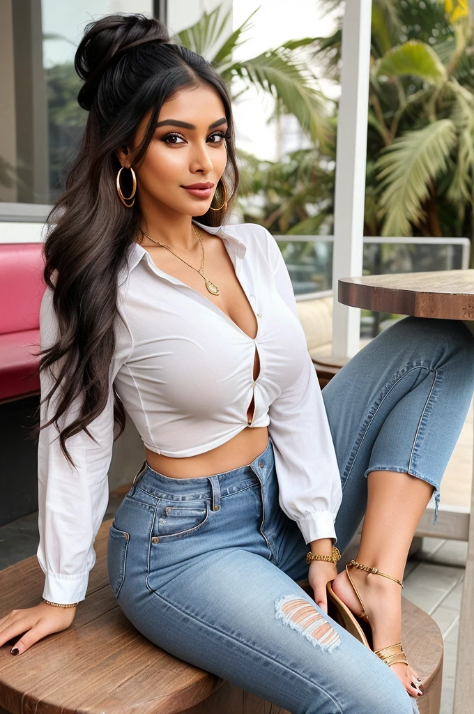 Create an ultra-realistic image of a modern, attractive female influencer of Indian descent, aged between 27 to 30. She should have a warm and inviting smile, expressive almond-shaped eyes with a slight shimmer, and clear, glowing skin with a medium brown complexion. Her features should be well-defined, with high cheekbones and a sharp jawline. Her hair should be long, thick, and wavy, with a natural shine and bounce, styled in a messy bun with a few strands framing her face. The hair should be dark brown with subtle golden highlights. She should have a slender yet athletic build, reflecting a healthy and active lifestyle, with a medium bust size (34-36 inches) that is balanced and proportionate. She is wearing a trendy kurta with jeans and a pair of juttis that complement her curves. Her outfit is completed with stylish black heeled sandals that add elegance to her look. She accessorizes with subtle yet chic jewelry, such as small hoop earrings and a few thin bangles. Her eyes should be bright light blue, creating a striking contrast. The background should be vibrant, featuring trendy coffee shops or cafes, suggesting a cosmopolitan lifestyle. Her overall appearance should exude confidence, approachability, and sophistication, capturing the essence of a contemporary Indian fashion influencer.