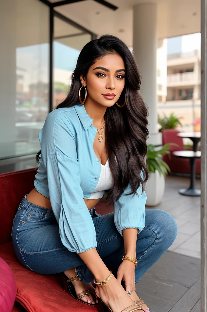 Create an ultra-realistic image of a modern, attractive female influencer of Indian descent, aged between 27 to 30. She should have a warm and inviting smile, expressive almond-shaped eyes with a slight shimmer, and clear, glowing skin with a medium brown complexion. Her features should be well-defined, with high cheekbones and a sharp jawline. Her hair should be long, thick, and wavy, with a natural shine and bounce, styled in a messy bun with a few strands framing her face. The hair should be dark brown with subtle golden highlights. She should have a slender yet athletic build, reflecting a healthy and active lifestyle, with a medium bust size (34-36 inches) that is balanced and proportionate. She is wearing a trendy kurta with jeans and a pair of juttis that complement her curves. Her outfit is completed with stylish black heeled sandals that add elegance to her look. She accessorizes with subtle yet chic jewelry, such as small hoop earrings and a few thin bangles. Her eyes should be bright light blue, creating a striking contrast. The background should be vibrant, featuring trendy coffee shops or cafes, suggesting a cosmopolitan lifestyle. Her overall appearance should exude confidence, approachability, and sophistication, capturing the essence of a contemporary Indian fashion influencer.