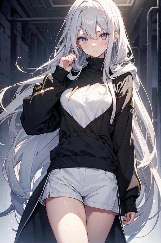 1girl, {Solitary}, Upper Body ,{{ {Watching at viewer}}}, Arms at your sides, Concept Art, white Background, simple Background, White hair, Silver gradient hair , Composite cloth, Asymmetrical clothes, Virtual YouTuber, best quality, masterpiece, Dynamic Angle, guilty gear, guilty gear, guilty gear, cowboy_shooting, Watching_Back, grab, girl,Miss,woman, young,20 years old, Very long hair, Hair Flip, Silver Hair, Flowing hair, Ahog, giggle, Beautiful and delicate golden eyes, teeth, Moderate_breast, Blonde eyes, White skin, hoodie, Black_shorts, Gray clothes, transparent_Background, Backlighting, absurd, high resolution, Extremely detailed,sweater