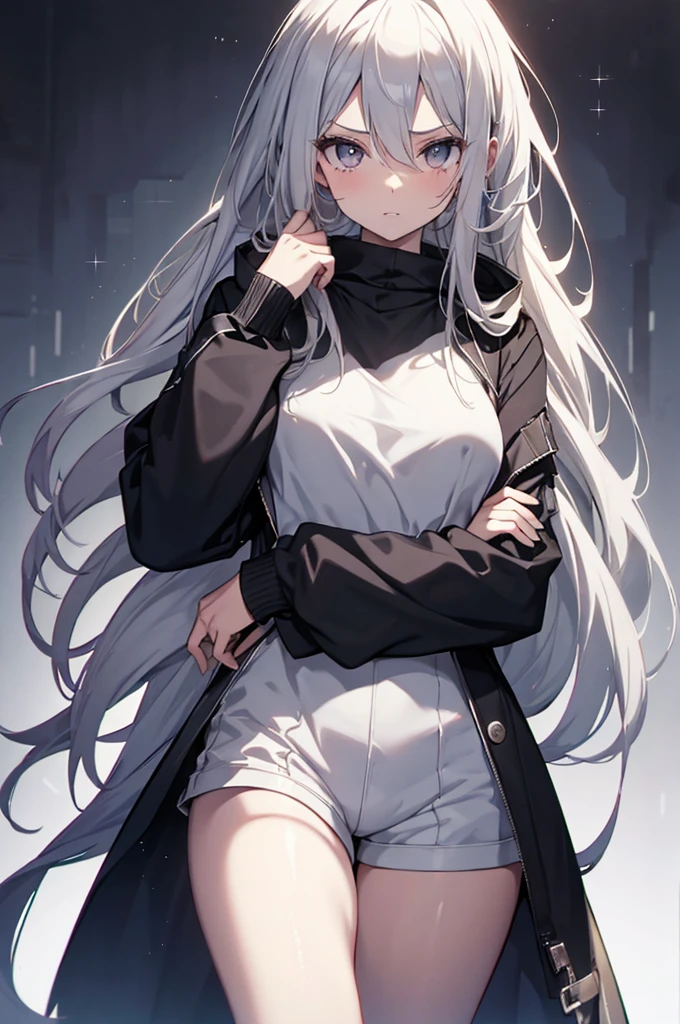 1girl, {Solitary}, Upper Body ,{{ {Watching at viewer}}}, Arms at your sides, Concept Art, white Background, simple Background, White hair, Silver gradient hair , Composite cloth, Asymmetrical clothes, Virtual YouTuber, best quality, masterpiece, Dynamic Angle, guilty gear, guilty gear, guilty gear, cowboy_shooting, Watching_Back, grab, girl,Miss,woman, young,20 years old, Very long hair, Hair Flip, Silver Hair, Flowing hair, Ahog, giggle, Beautiful and delicate golden eyes, teeth, Moderate_breast, Blonde eyes, White skin, hoodie, Black_shorts, Gray clothes, transparent_Background, Backlighting, absurd, high resolution, Extremely detailed,sweater