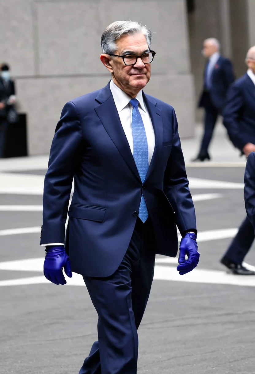 Jerome Powell wore infinity gloves on his hands, wearing a dark navy blue suit.