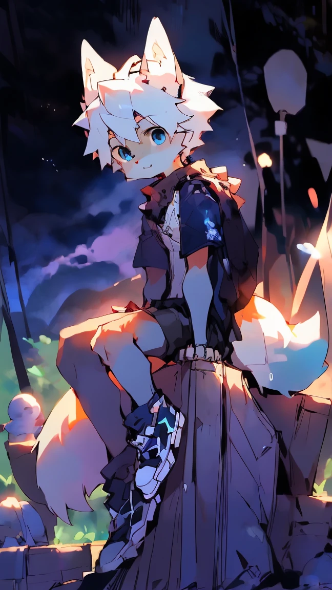 Orange fur,White hair,Black Blue Eyes,fox,Blue shorts,Blue sneakers,boy,Lovely。