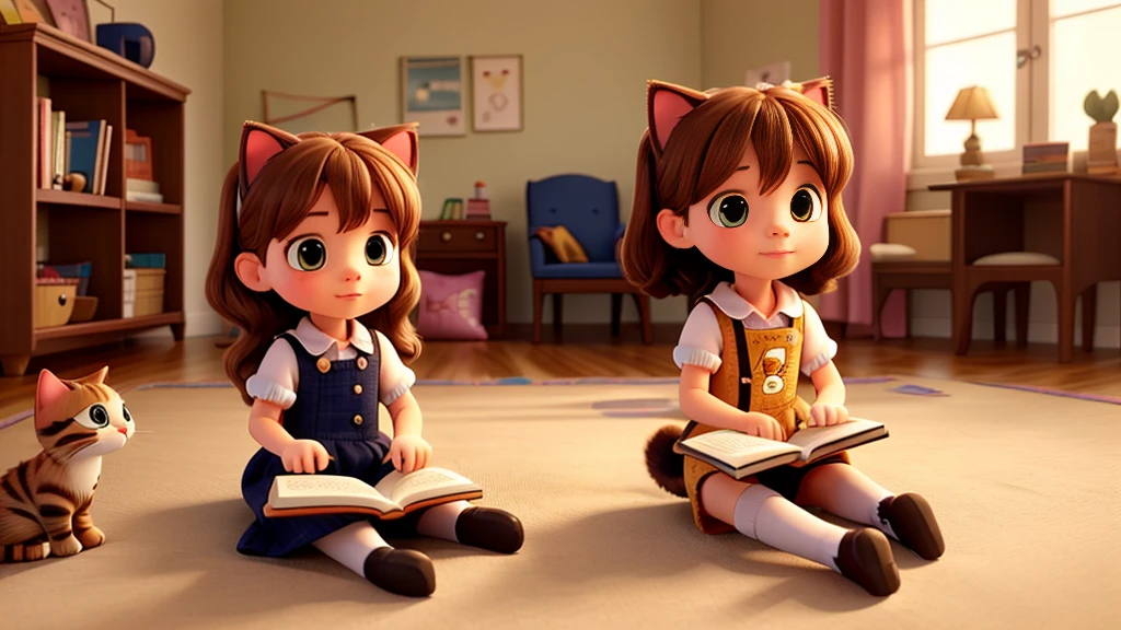 A little girl and a cat reading a book