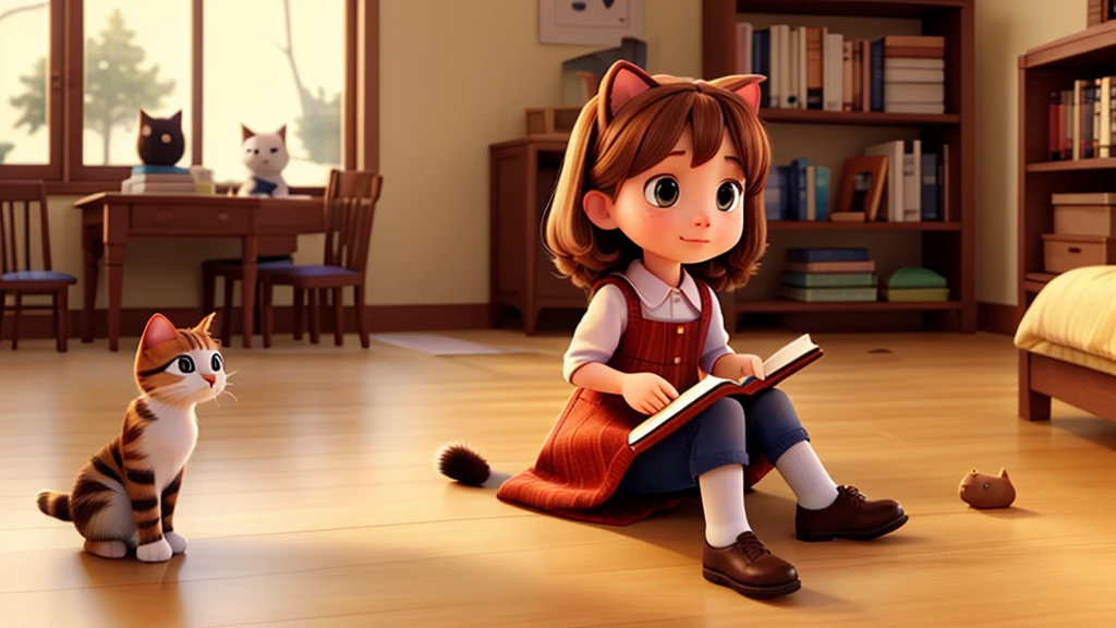 A little girl and a cat reading a book