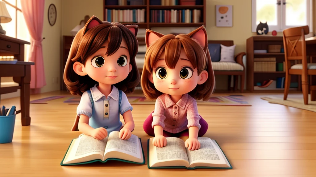 A little girl and a cat reading a book