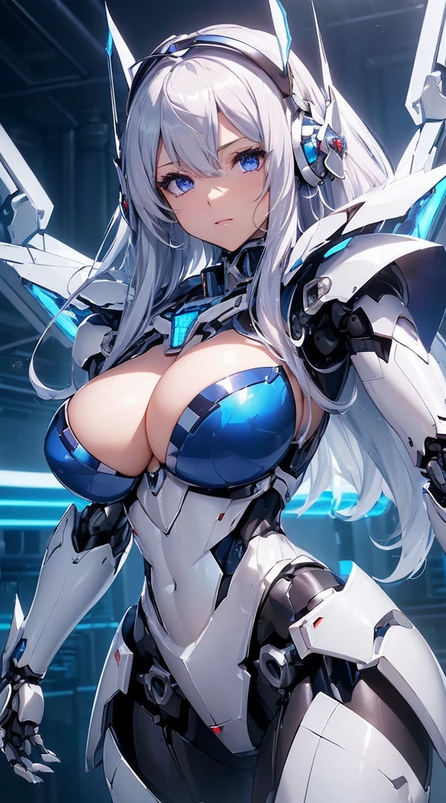 ((Intense action pose:1.6))、((Shining lenses on both breasts:1.3))、((Blue pillars of light are emanating from both chests.:1.3))、smile、((8K)), ((32k)), ((Highest quality)), ((masterpiece)), ((超A high resolution)), ((Tmasterpiece)), ((Halation:1.4))、((Mechaニカルheadgear:1.2))、((Cyber Headphones:1.3))、Fine skin, High quality fabric, Fine metal texture、((Beautiful and dense face))、RAW Photos、Professional, Ultra-fine painting, ((alone)), Beautiful breasts、Highest quality, Very detailed, Very detailed詳細, Finer details, so beautiful, ((Princess Knight Robot:1.2)),  (Joints of machines, Mechanical Limbs:1.3), (The internal structure of the machine is exposed:1.3), (Long silver hair:1.1), (Beautiful and huge mechanical breasts)、White Veil, cowboy_shot, Side Focus, headgear, Shiny、(Five Fingers, Four fingers and thumb),Concept Art, Anime fantasy artwork, Detailed fantasy art, (with pale blue-violet hair and large white wings,,,,,,,), (((Long silver hair))), (Mecha:1.6)、Sleek and intimidating design, ((Commander-in-Chief&#39;arm)), (Perfect robot body)、純白と青紫armまたは, Symmetrical wings, 8K high quality, detailed art, 3D rendering of character art in 8K, neat legs, Defined, Defined fingers,