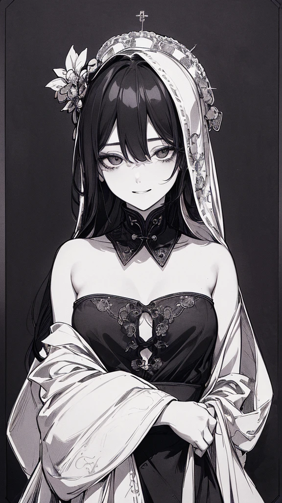 Highest quality, (Background details), High Contrast, Very beautiful woman, Detailed original illustrations、functional、Priest、White Robe、Si Jiaoguan、Delicate face、Charm、Villainess、sexy、Real breasts、Crazy Smile, Crazy Eyes,  Black background, (Black background: 1.5), Beautiful line art
